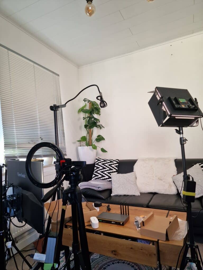 Professional studio setup at ASCEND for product presentations with lighting, camera and microphone.