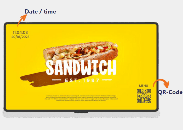 Publicité sandwich, code QR, date/heure