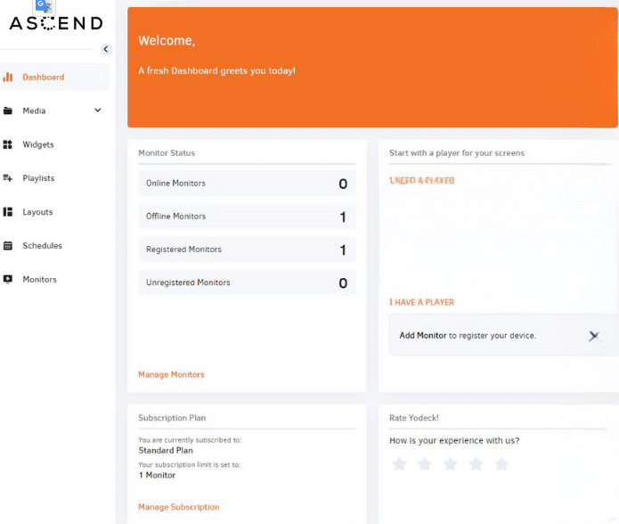 Das Dashboard zeigt Monitorstatus und Abonnementplan.