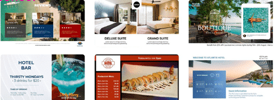 Hotel rooms, reviews, bar and restaurant menus.