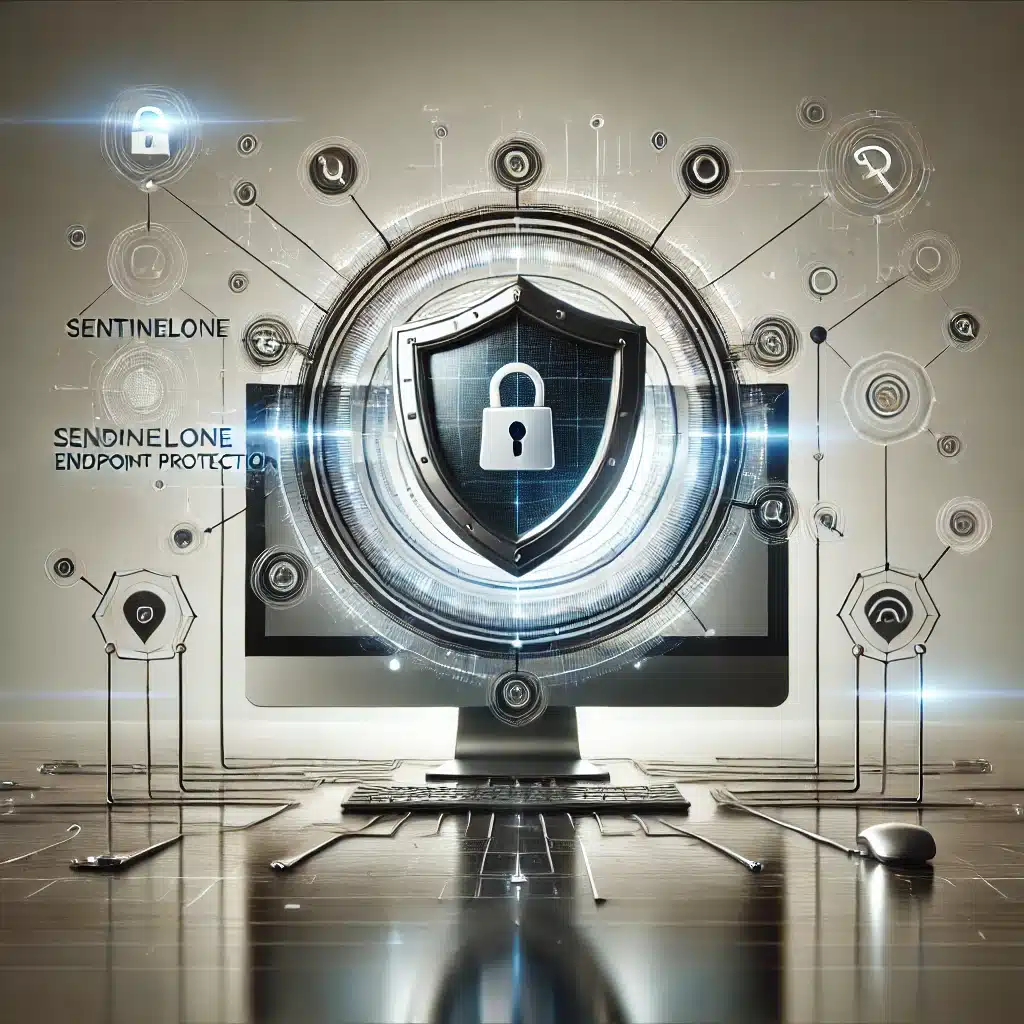 Visualization of SentinelOne Endpoint Protection with a central computer and shield icons symbolizing network security