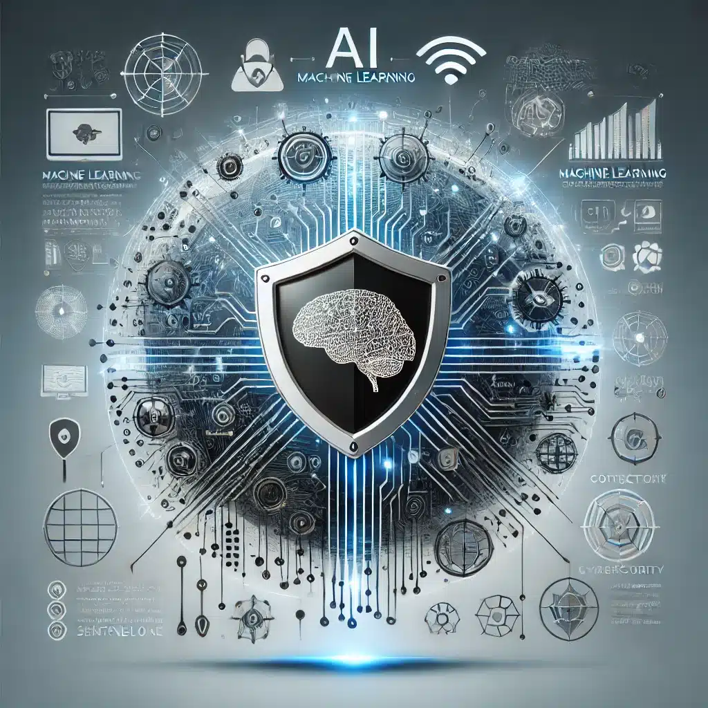 Abstract representation of the technology behind SentinelOne with elements such as AI, machine learning and cyber security