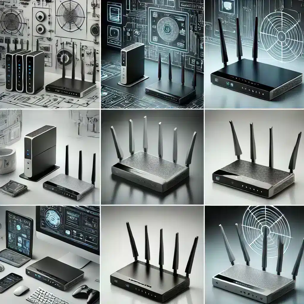 Vari modelli di router con antenne e design.