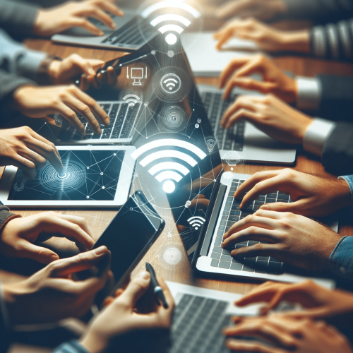 Close-up of hands typing on laptops and devices at a WLAN hackathon.