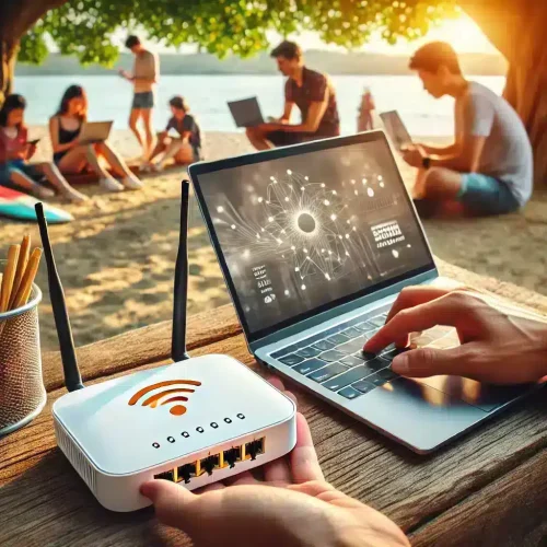 Travailler avec un ordinateur portable et une connexion Wi-Fi sur la plage.