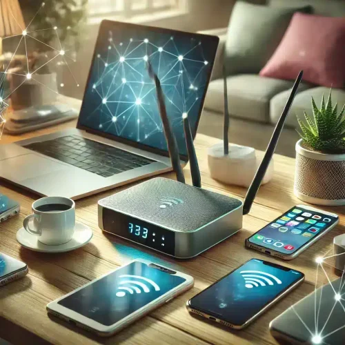 Tecnología moderna de redes domésticas con routers y dispositivos.