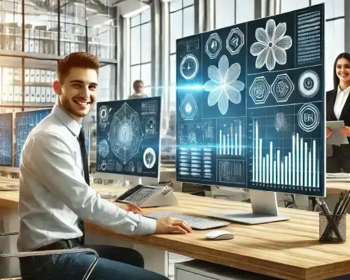 Man in office with monitors and diagrams