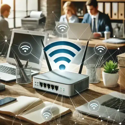 Ambiente d'ufficio con router WLAN e computer portatili