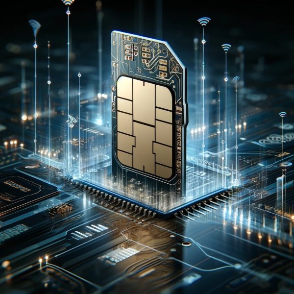 Illustration of a SIM card surrounded by network grids and data flows, symbolically connected to fast Internet.