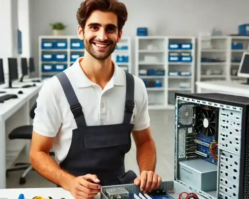 Un technicien travaille sur un PC dans un centre de services moderne