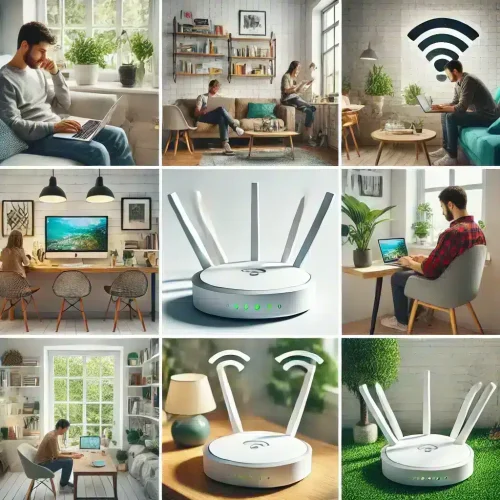 Various scenes of WLAN use at home.